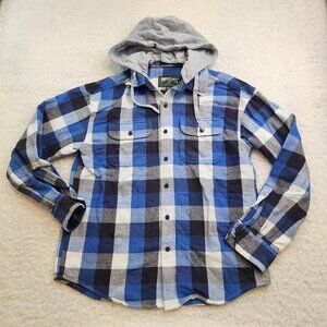 American Eagle Shacket Jacket Hooded Flannel Mens M Blue Black Vintage Retro